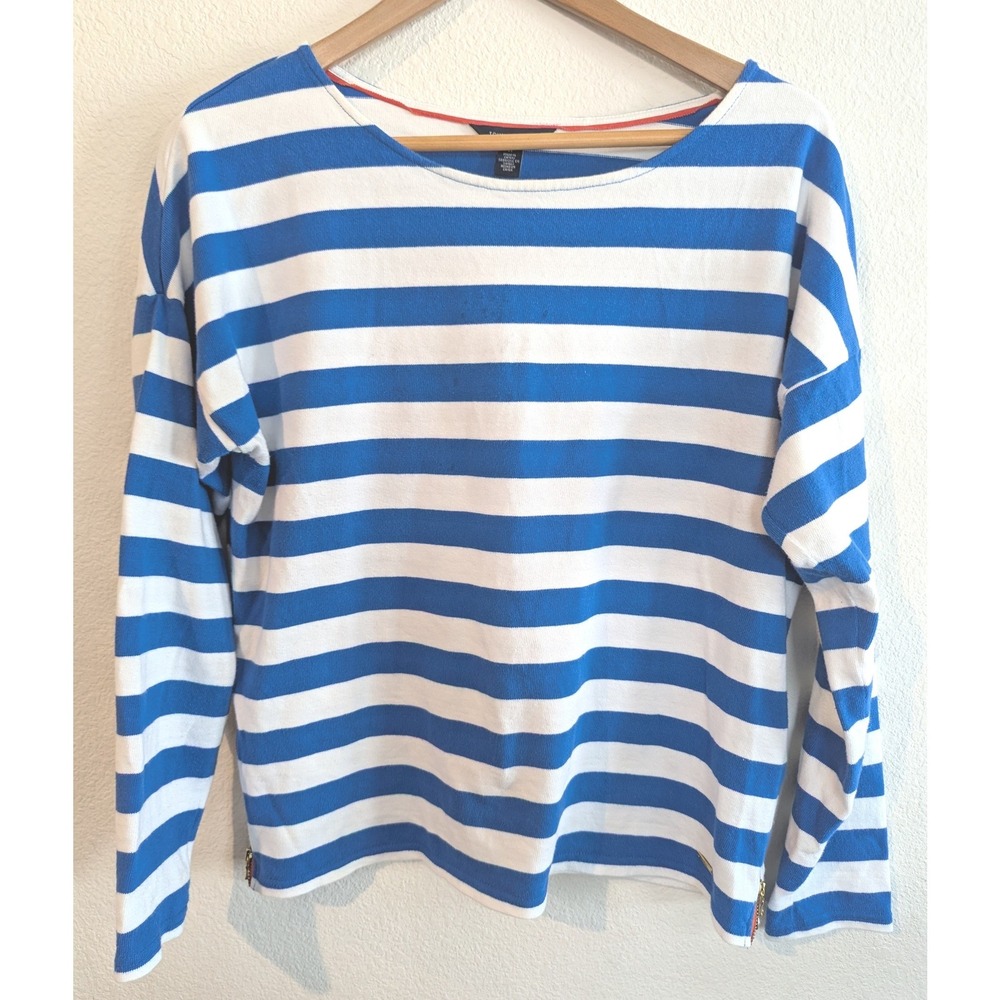 Tommy Hilfiger Womens Blue White Striped Boat Neck Side Zip Cotton Top Size M